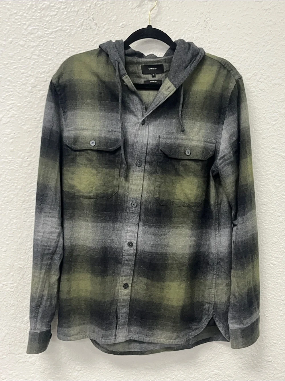 Vince Olive and Gray Plaid Hooded Shirt Jacket #1223